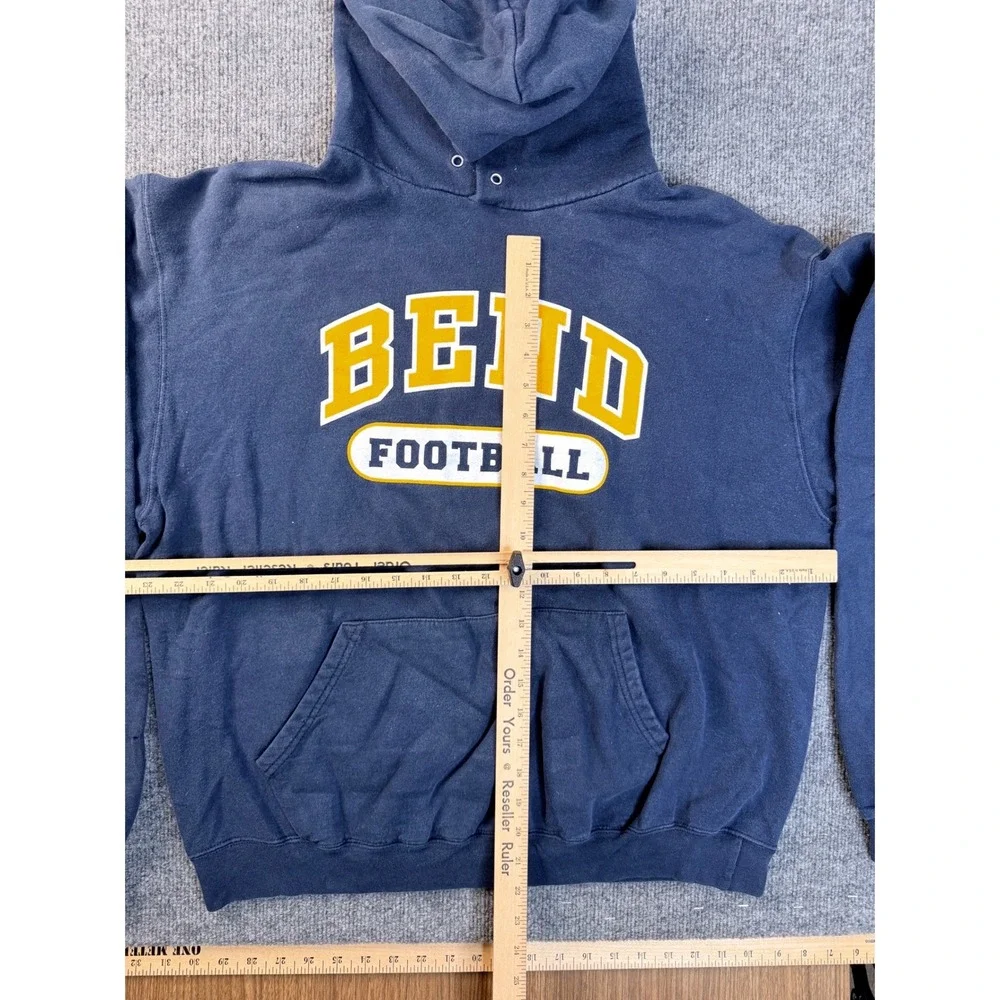 Champion Mens Large Navy Blue Bend Football Graphic Hoodie Sweatshirt Faded Y2K